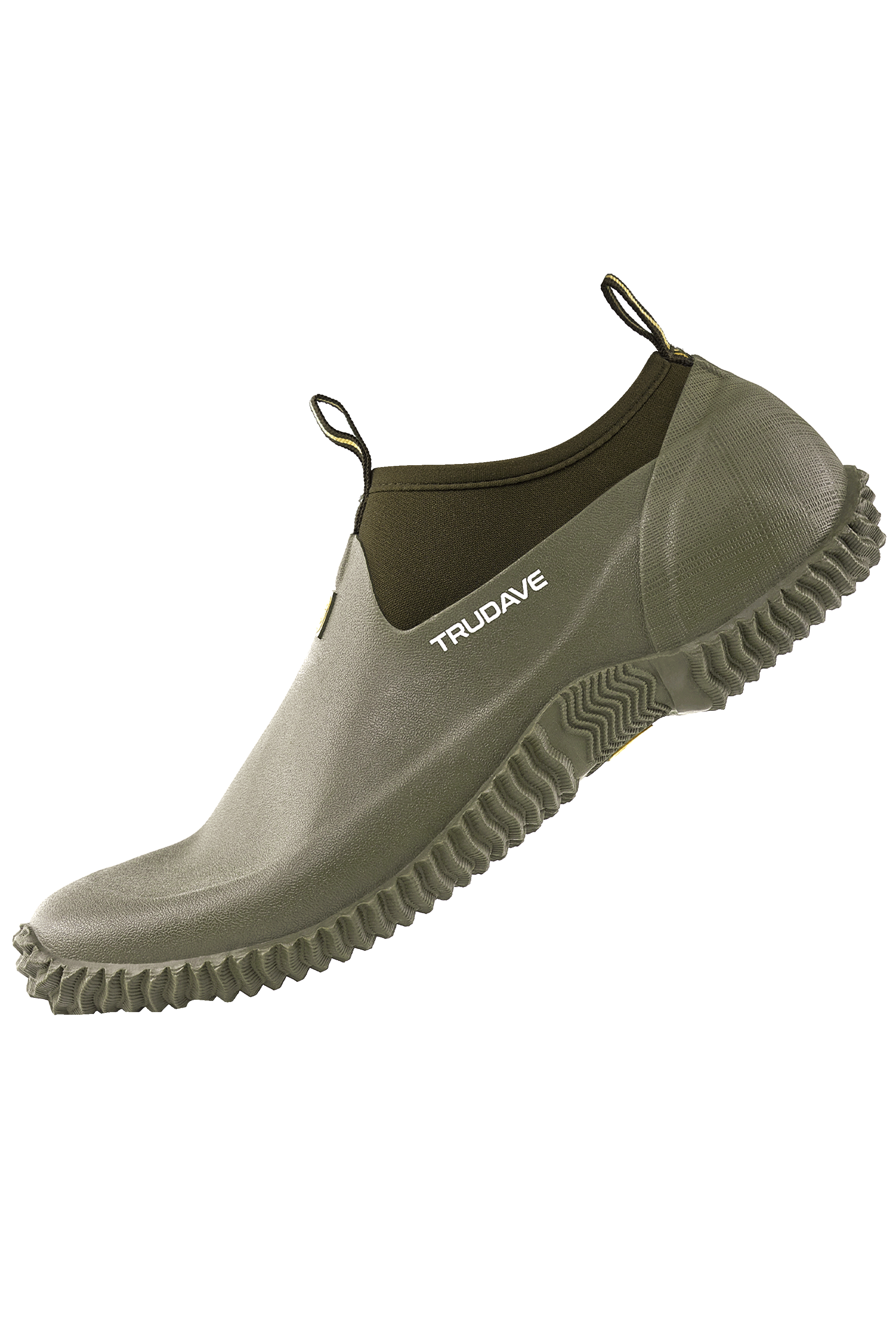 Side view of Trudave GardenStride Series waterproof rubber garden boots in olive green – flexible boot body showing soft bendable design for gardening and outdoor comfort